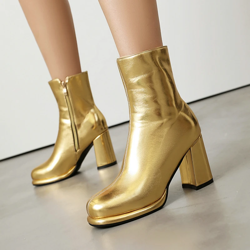 

Metallic Gold Silver Pink Zip Up Stretch Ankle Women Boots Platform Chunky Square High Heels Women Gothic Shoes Big Size 48 49