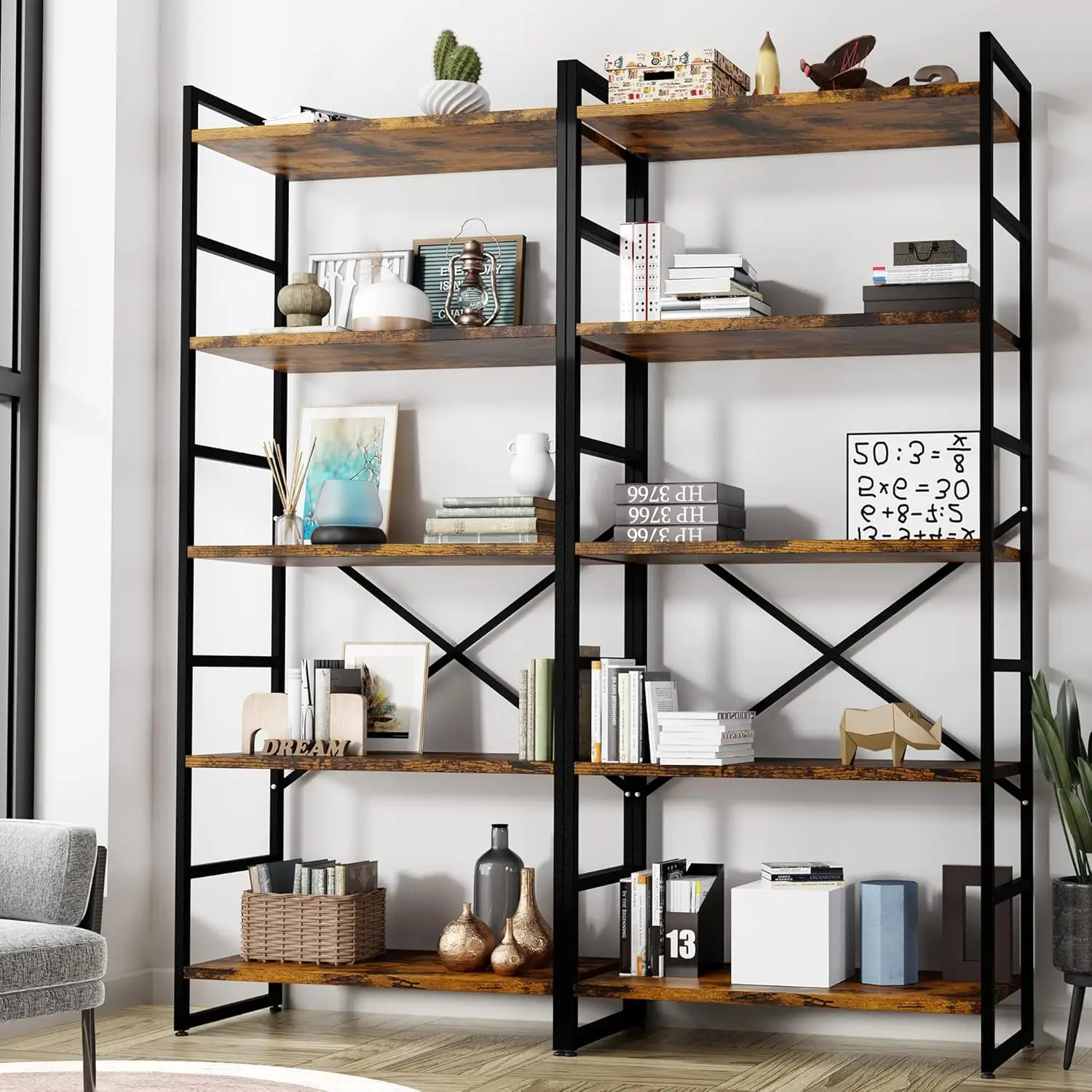 Shintenchi 2 Pieces 5 Tiers Bookshelf, Classically Tall Bookcase Shelf, Industrial Book Rack, Modern Book Holder In