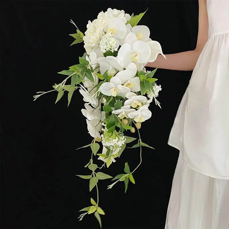 

Waterfall bouquet bridal forest white green wedding studio wedding photo shooting props phalaenopsis orchid simulation bouquet