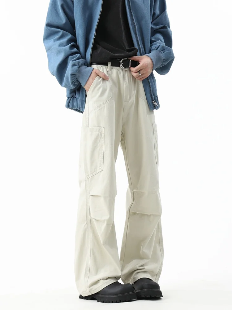 

Мужские прямые рабочие брюки в американском стиле, повседневные брюки, весенне-осенние, с дизайнерскими складками, широкие, свободного кроя, молодежные, модные