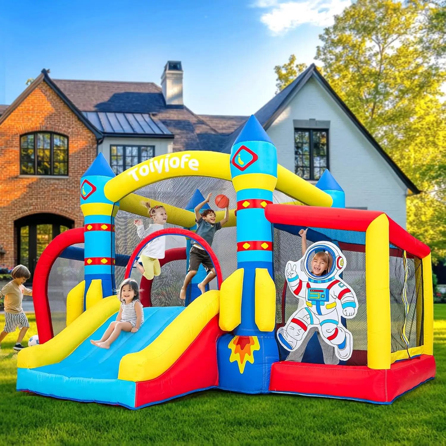 Space Adventure Bounce House, 7-in-1 raket astronaut thema opblaasbaar kasteel met glijbaan, luchtblazer, ballenbak, binnen buiten B