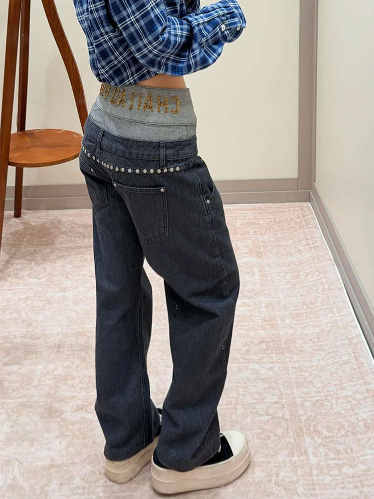 

Американские джинсы в стиле High Street Spicy Girl с двойной талией и пэчворком, женские, летние, новый дизайн, с золотым шрифтом, брюки в пол