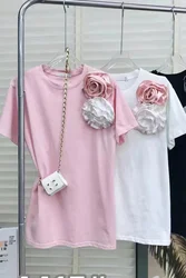 T-shirt in cotone a maniche corte con punto floreale abbigliamento donna giovanile t-shirt bianche rosa magliette estive t-shirt vestiti popolari coreani