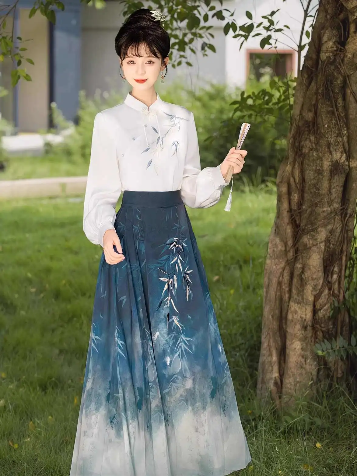 

New Chinese Style Carnival Halloween Cos Cosplay Daily Guofeng Improve Bamboo Horse-face Skirt Shirt Hanfu Tops Han Elements