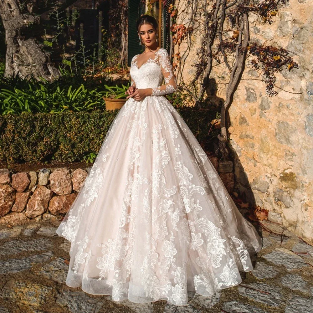 

Vinca Sunny Customized Illusion Long Sleeve Vintage Wedding Dresses Scoop Neck Appliques Court Train Tulle A Line Bridal Gown