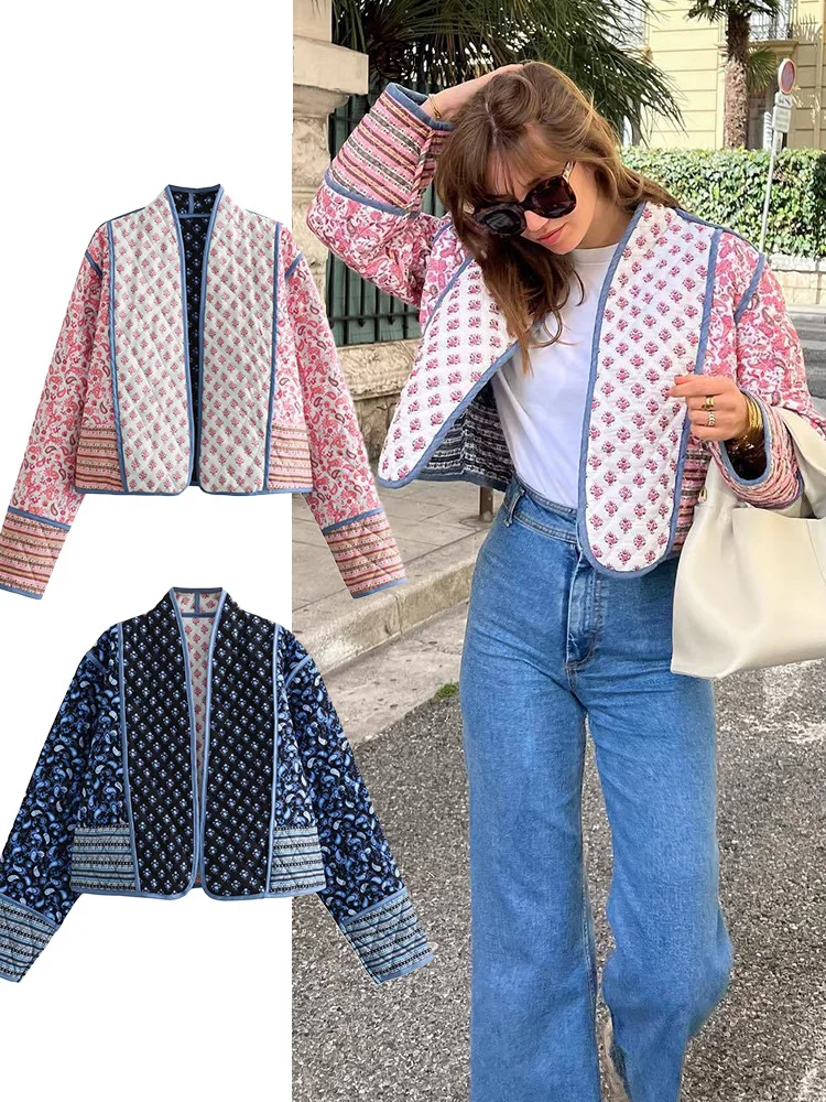 Jaqueta acolchoada reversível com estampa floral feminina, casaco cardigan de manga comprida, roupa recortada frontal aberta, moda outono