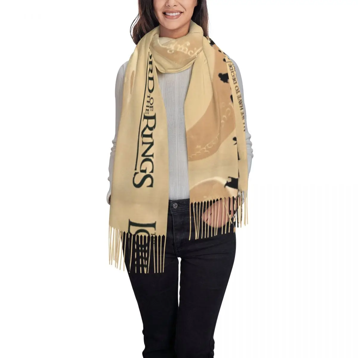 L-Lords Of The R-Rings Scarf with Long Tassel Outdoor Shawl Wrap Women Custom DIY Scarves Wraps Autumn Popular Foulard