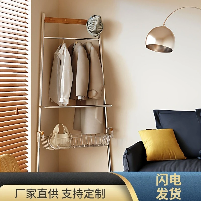 Solid wood corner coat rack Nordic style retro floor coat rack living room bedroom multi-layer storage rack