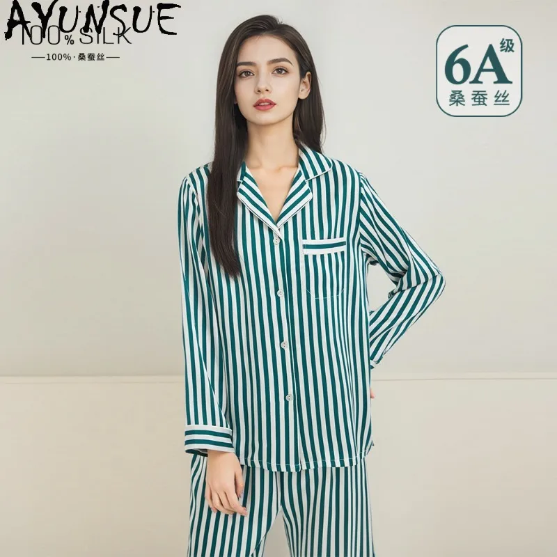 AYUNSUE 100% Silk Stripe Sleepwear Woman Casual Pajamas for Women Long Sleeve Tops Long Pajama Pants Womens Matching Sets 잠옷