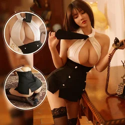 Lingerie sexy para mulheres, uniforme de senhora do escritório, vestido preto e branco, oco, fantasias exóticas para meninas, roupas noturnas, secretária e professora