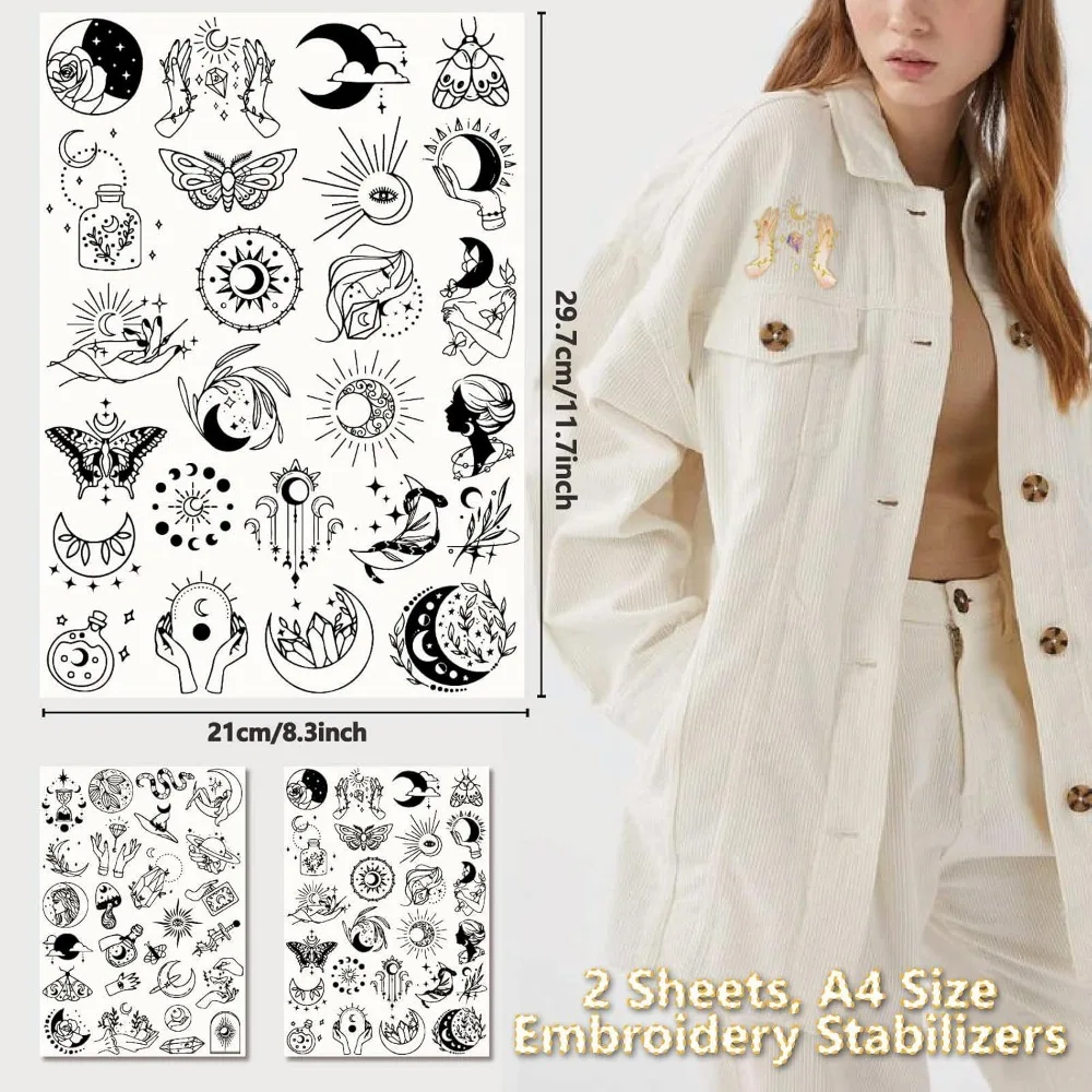 51Pcs Boho Moon Sun Water Soluble Embroidery Stabilizers Patterns Magic Tarot Hand Sewing Stick and Stitch A4 Transfers Fabric view 2
