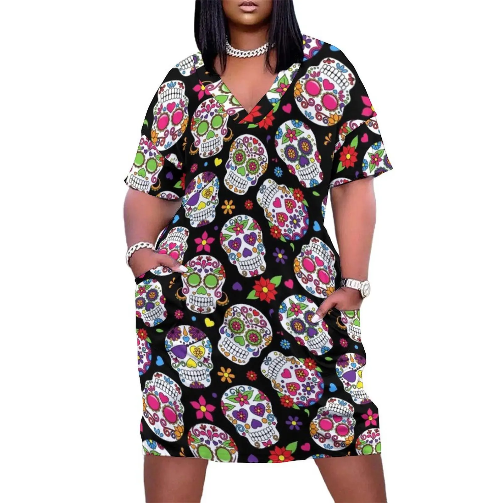 

Day of the Dead Sugar Skull Pattern dia de los muertos Halloween Día de Los Muertos Loose Pocket Dress