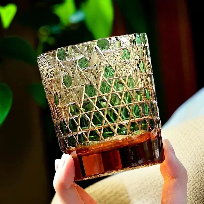 Dropshipping Hand Cut Regular Hexagon Lattice Vintage Amber Old Fashioned Crystal Glass Cups For Whiskey Brandy Cocktail Water