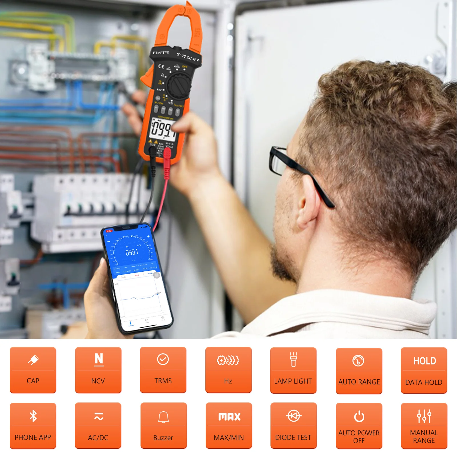 

4000 Counts True-RMS Clamp Multimeter with Bluetooth APP,Auto-Range,Measures AC/DC Voltage/Current,Resistance,NCV Testing