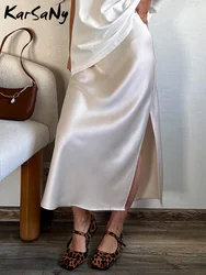 Summer Satin Midi Skirt Women 2025 Side Slit Elastic Waist Solid Silk Skirt Long For Women Elegant Female Office Lady Skirts
