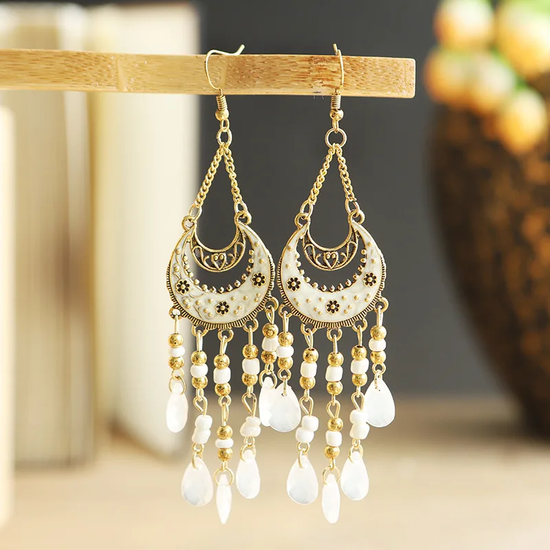 Bohemian Antik Gold Farbe Lange Wasser Tropfen Quaste Ohrringe für Frauen Vintage Bunte Geometrische Tropfen Baumeln Ohrringe Schmuck – Detail 24