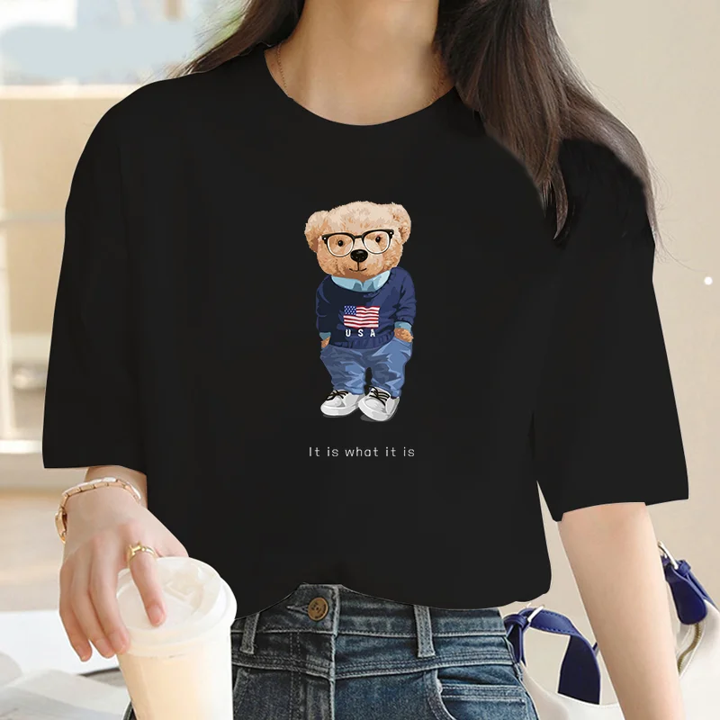 Camiseta informal de manga corta con estampado de oso de dibujos animados para mujer, Camiseta holgada de gran tamaño con cuello redondo, moda Y2K,