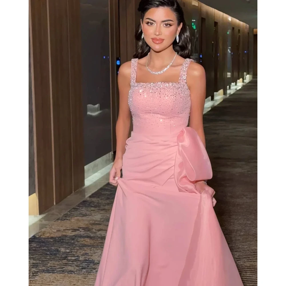 

Pink Evening Dress Customized Saudi Mermaid Sleeveless Square Neck Sequined Prom Gowns Floor Length Formal Party Dresses