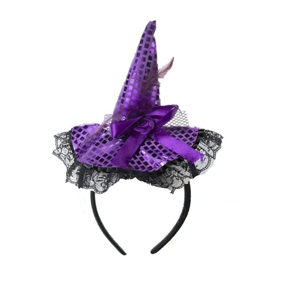 1pc Halloween Fashion Cartoon Witch Hat Cloth Party Decorations Hair Hoop Lace Sequins Headband Halloween Party Hats