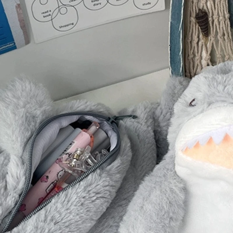 Cute Plush Ocean Shark Pencil Case Cosmetic Bag Portable Large Capacity Pen Pouch Stationery Storage Box School Office Supplies