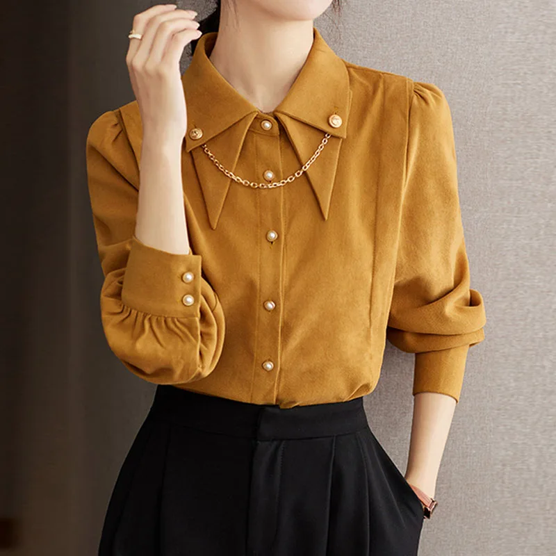 Women\'s Shirts Double Layered Collar Tops Commuting Style Chain Button Long Sleeve Elegant Temperament Blouse Women Shirts A603