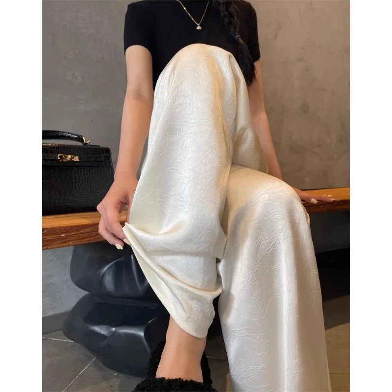

2026 Summer New Women Satin Wide Leg Pants Korean Fashion Elastic Waist Ice Silk High Waist Casual Trousers Women's Clothing