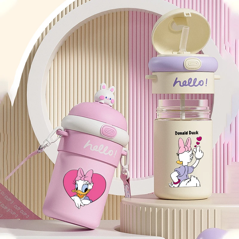 

Cute Mickey Minnie Glass Straw Cups Portable Leakproof Water Bottle Anti Drop Children's Cute Water Bottle Outdoor Cups