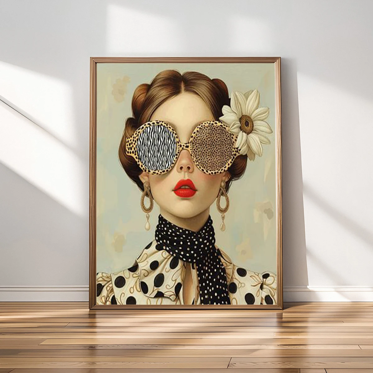 Beautiful woman with eyes and flower head print female portrait art feminism art painting portrait with flowers art print canvas