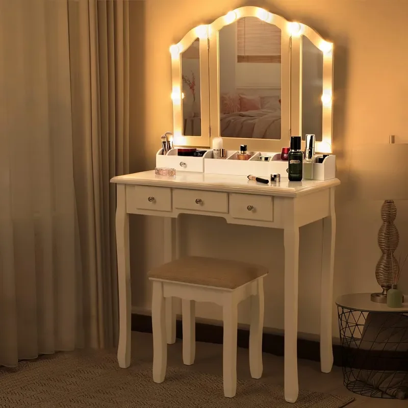 Makeup Vanity Desk with Mirror and Lights White Tri-Folding Vanity Table with Drawers and Chair