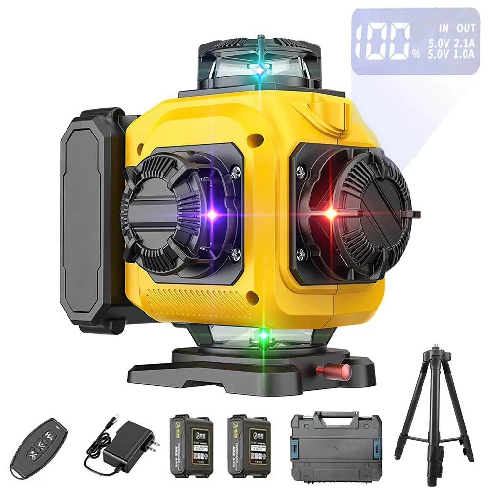 Niveau laser 4D à 16 lignes, faisceau 4 couleurs (vert, violet, bleu), contrôle 360° °   Niveau laser à lignes puissantes horizontales et verticales