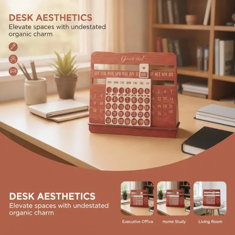 Farmhouse Style Wooden Perpetual Calendar Year-Round Display Desk Calendar for Office Home Kitchen Decor Daily Planner