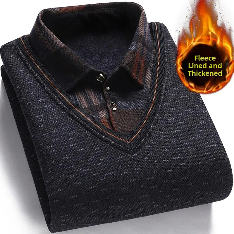 Thiened Fce Long Sve Knitted Sweater Fake Two-Piece Men's irt Collar Base irt Warm Top for Middle-Aged And ly
