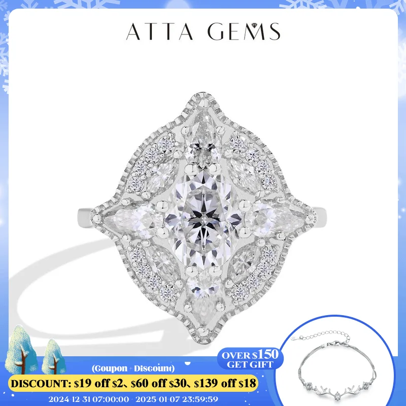 ATTAGEMS Luxury Moissanite Diamond Ring for Women Full D VVS1 Brilliant Cut Pure S925 Silver Vintage Handmade Wedding Bride Gift