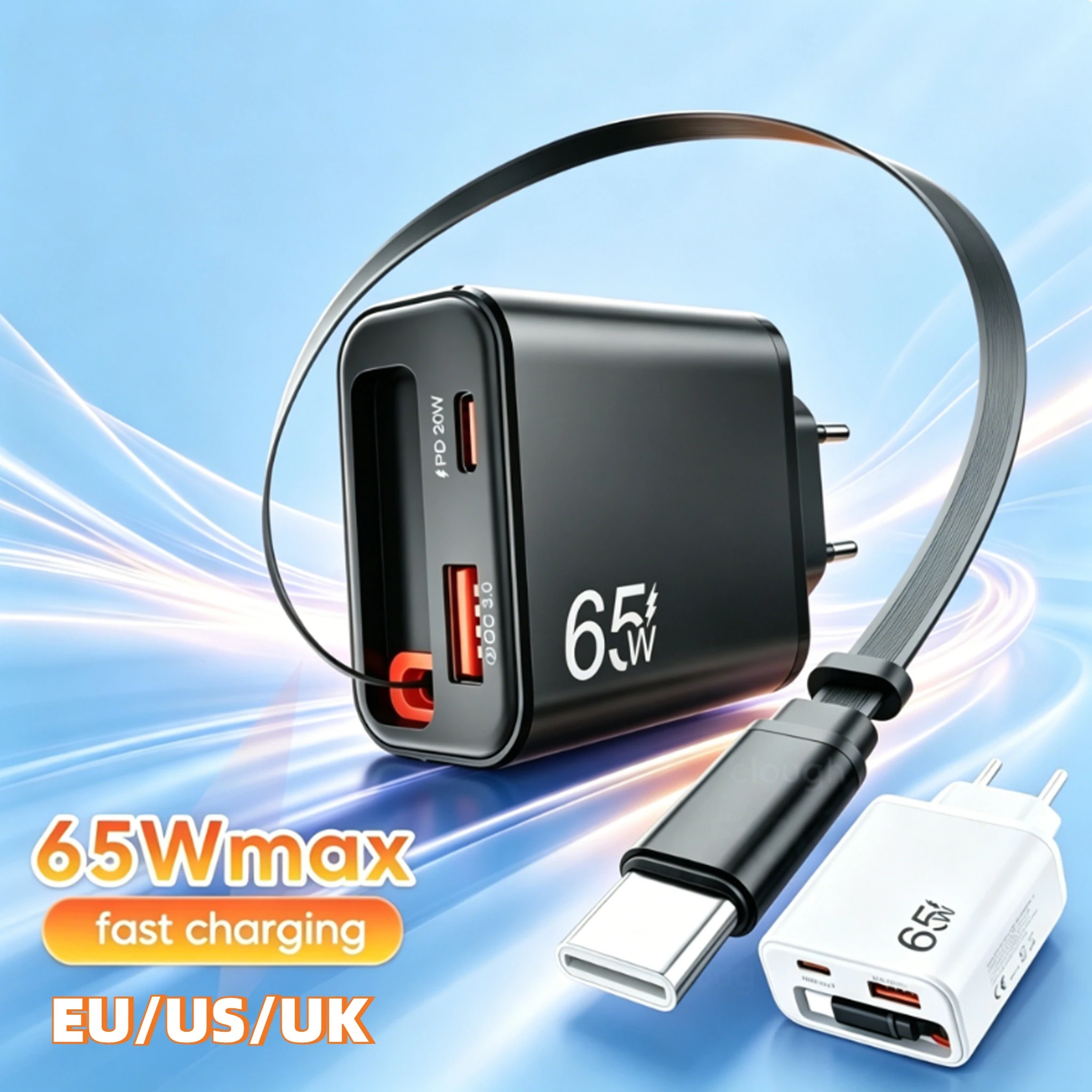 65W Fast Charger With Retractable Type C Cable EU US UK Plug For iPhone Xiaomi Huawei Samsung Realme USB C Phone Charger Adapter