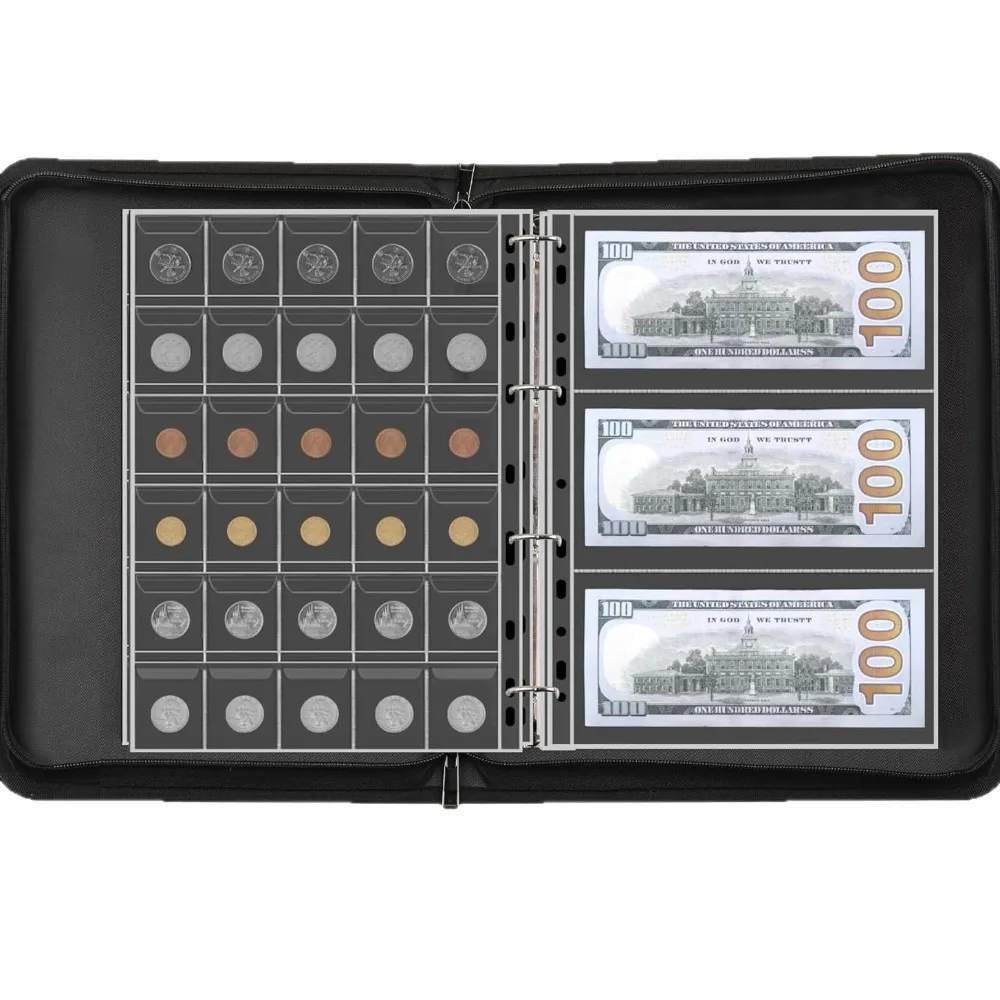 Portable Coin Collection Set Fire Resistant ProtectionTransparent Loose-leaf Philatelic Book Album with Zipper Protection Fire
