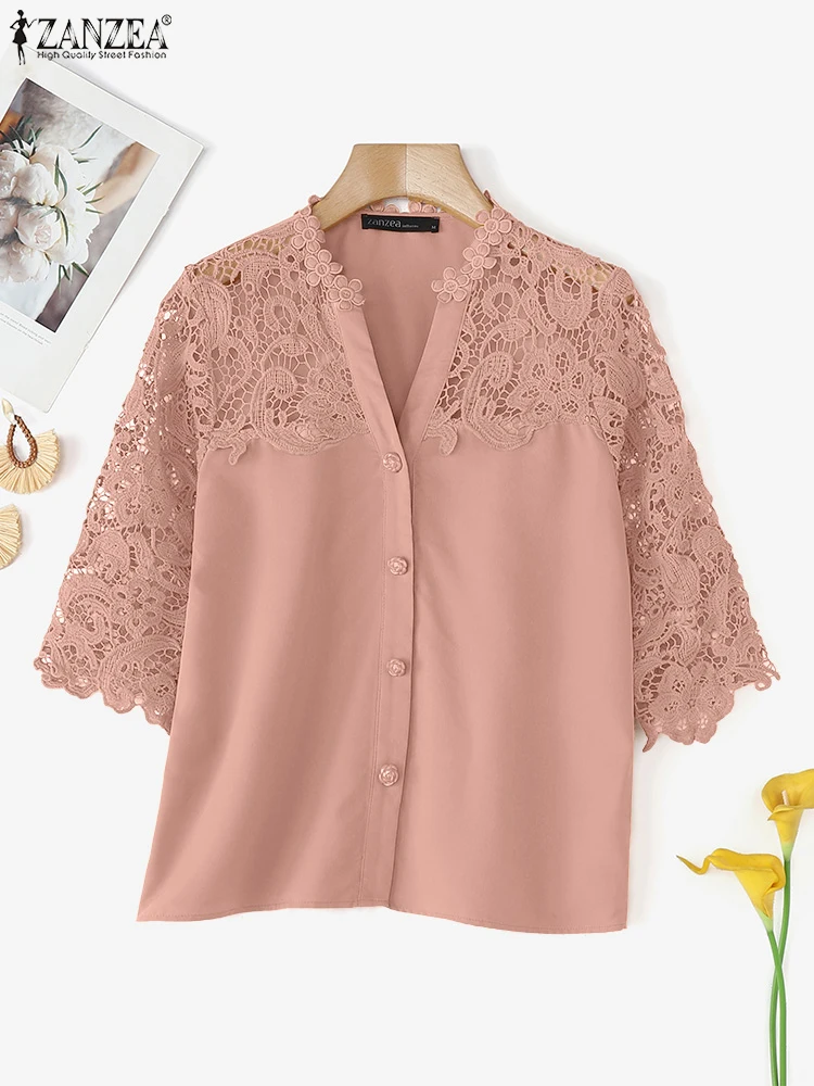 ZANZEA 2025 Mode Vrouwen Elegante Tops Herfst Patchwork Kanten Shirts V-hals 3/4 Mouw Casual Blouse Kantoor Dame Straat Blusas