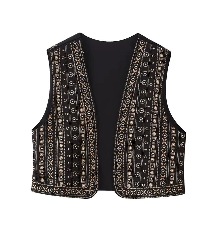 

ort Embroidered Bead Decorated Vest Versatile Design Autumn New Arrival Women's Faion Commute Sle No Button Closure
