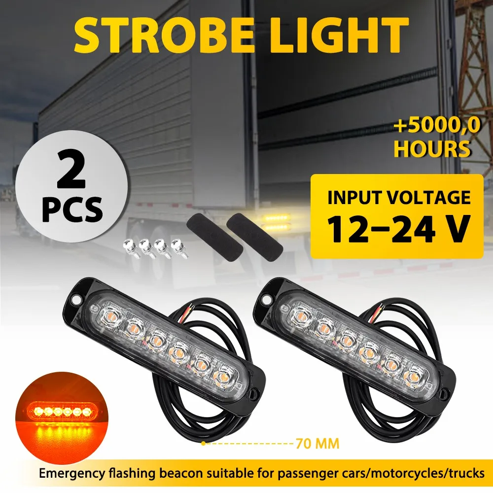 2Pcs Amber 6 LED Strobe Flash Lights Bars Car Motorcycle Truck Side Marker Light Emergency Warning Flashing Light 12V 24V