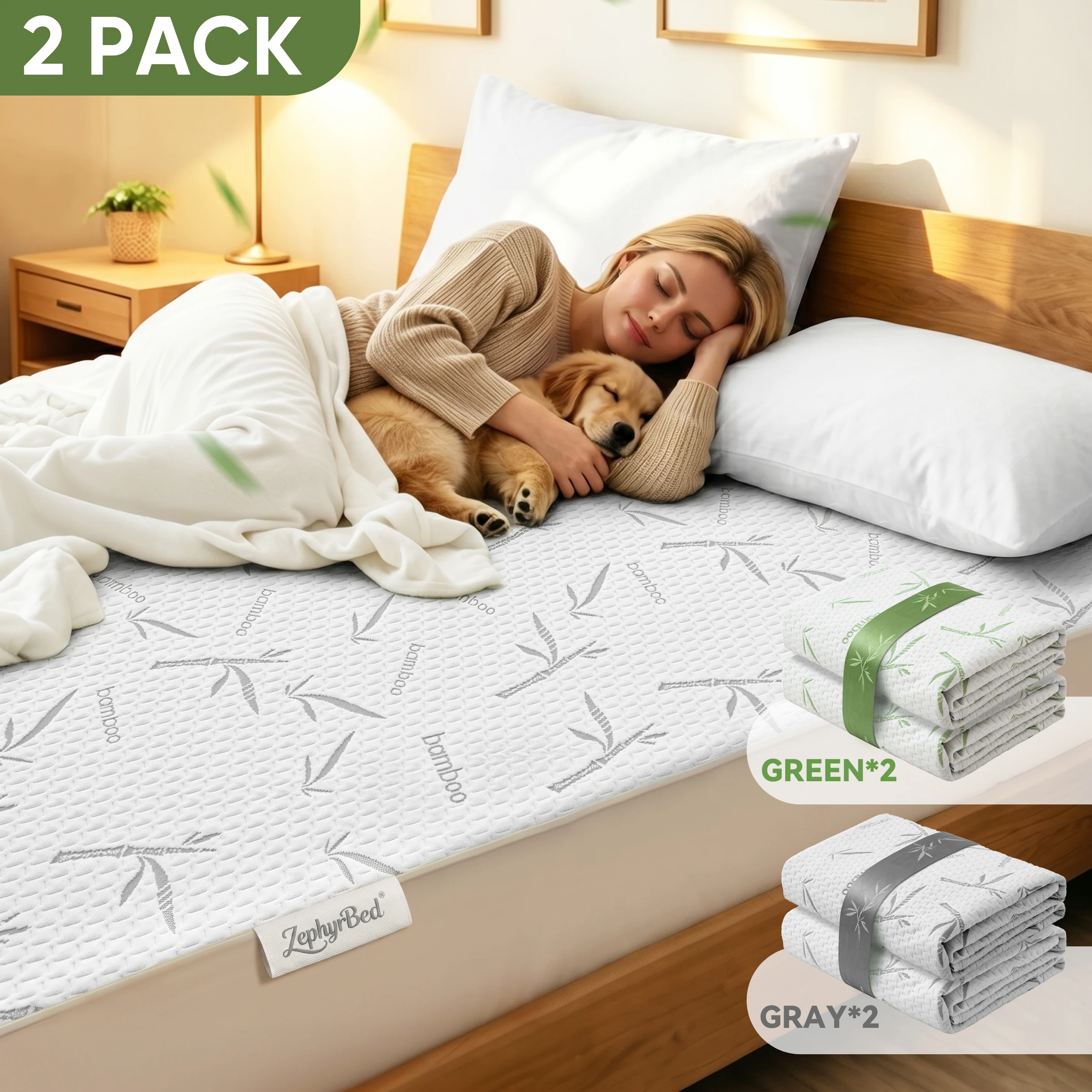 2pc Breathable Bamboo Rayon Waterproof Mattress Protector, Cooling Comfort, Hypoallergenic Mattress Pad Cover, Fits Up to 38cm