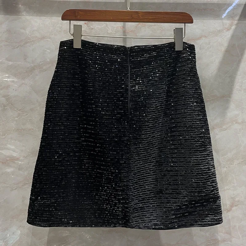 New Heavy industry Black Sequin Beaded skirt  gold ribbon trimmed small fragrance