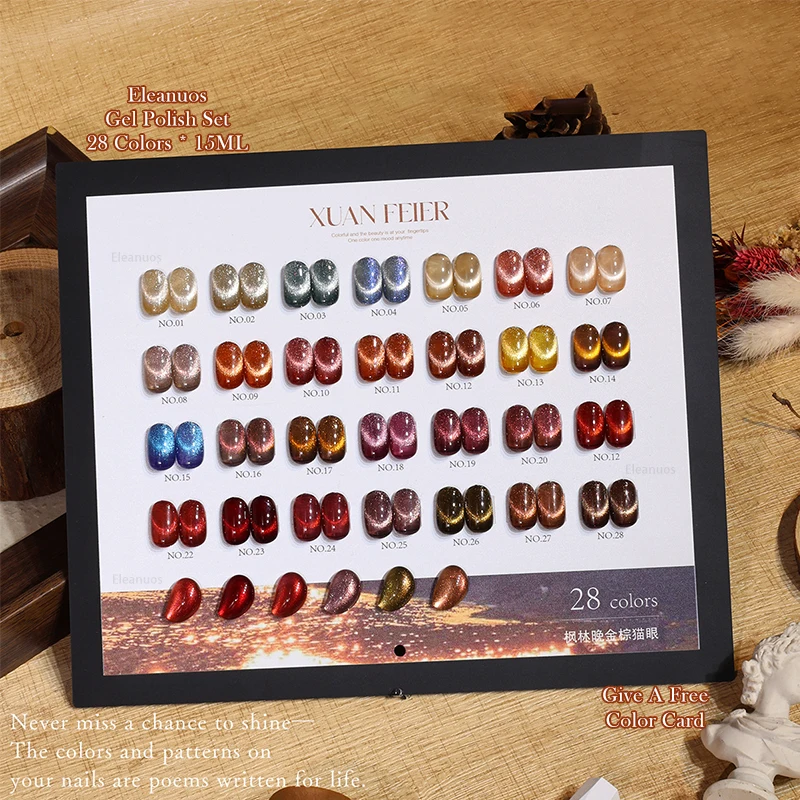 Eleanuos Brown Cat's Eye gel 28PCS Mixed Semi permanent Varnish Autumn Winter Shiny Cat's Eye UV LED Nail Gel Salon Gold Set
