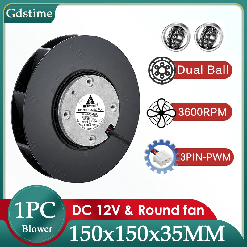 Gdstime 150MM Fan DC 12V 150MM*35MM Turbo Centrifugal Blower 15035 Dual Ball Radial Fan 15CM 3PIN PWM Adjustable Round Cooler