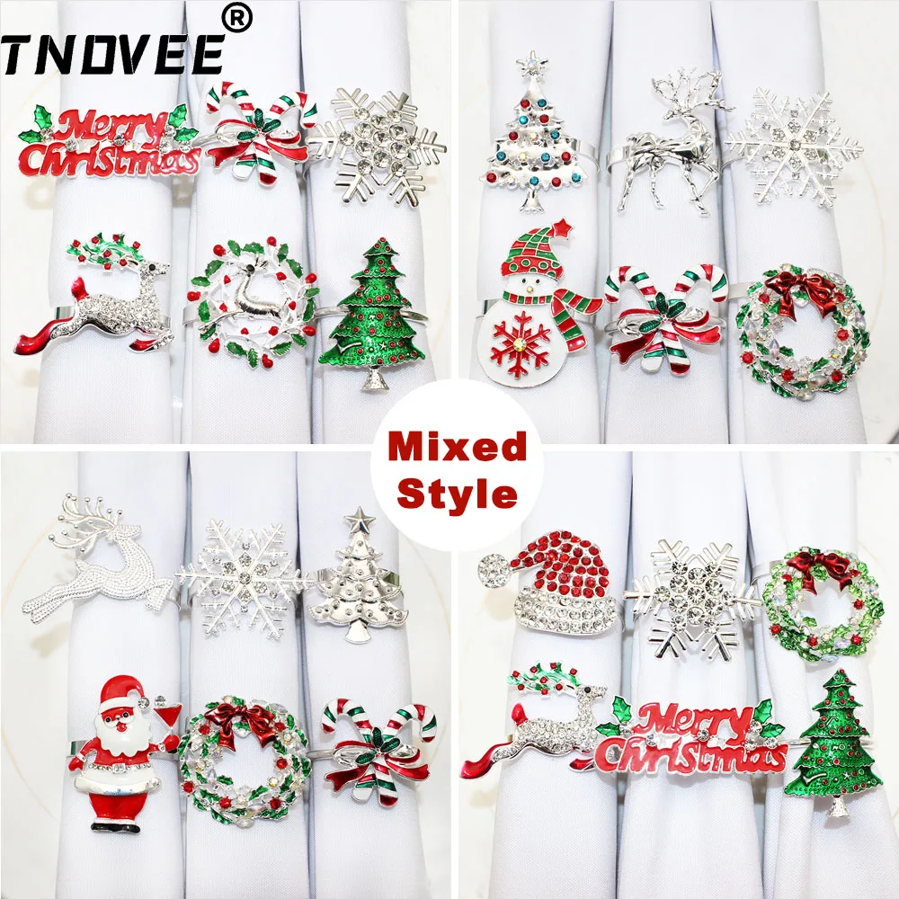 6Pcs Silver Christmas Napkin Rings Xmas Tree Candy Cane Wreath Snowflake Deer Napkin Holder for Christmas Table Decor (Mixed)