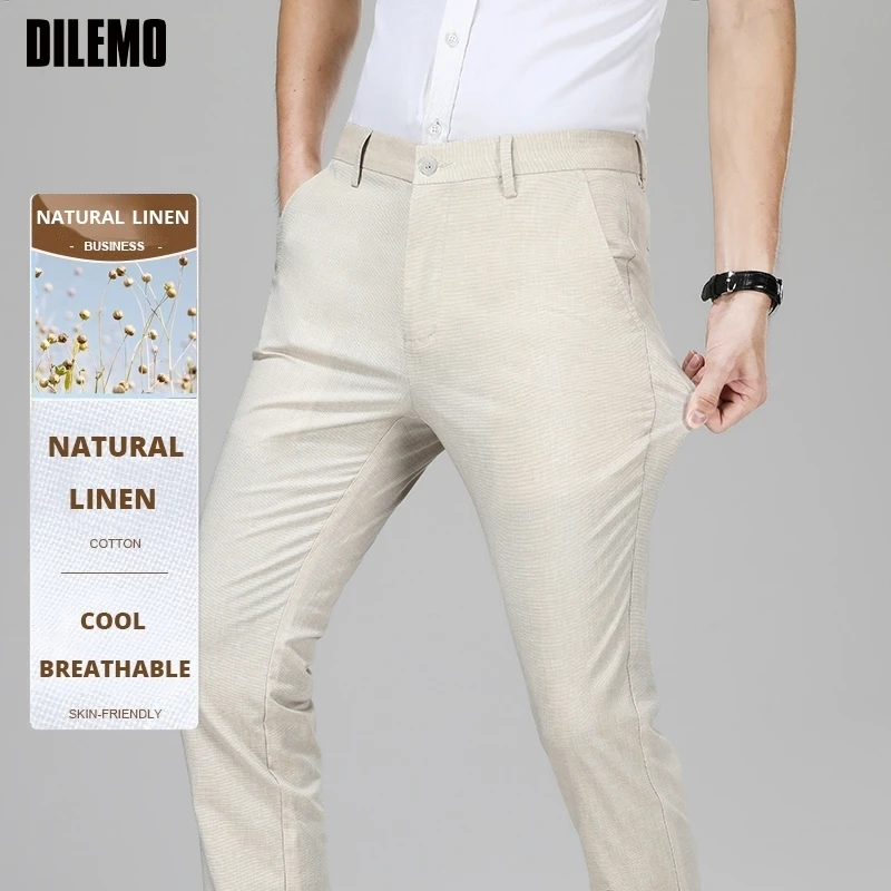 

Top Quality Linen New Brand Casual Fashion Straight Long Dress Pants Relax Fit Business Korean Trousers Mens Clothing 2025
