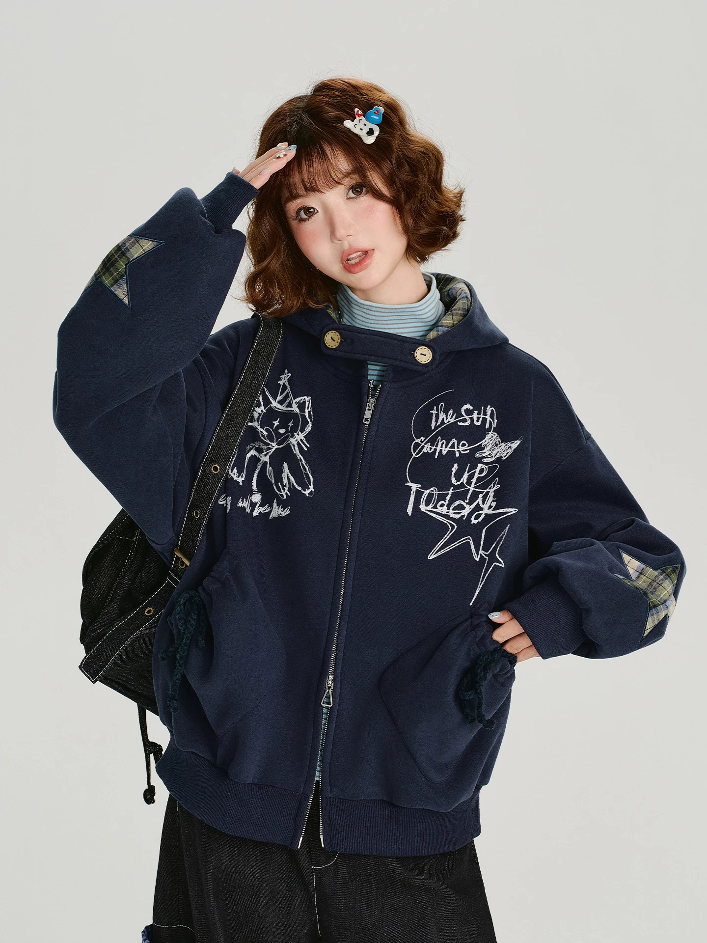 

Girly American Retro Plaid Color Blo Hoodie Jaet Women's Autumn Winter New Loose Fce Lined Casual Sle Zipper Clo...