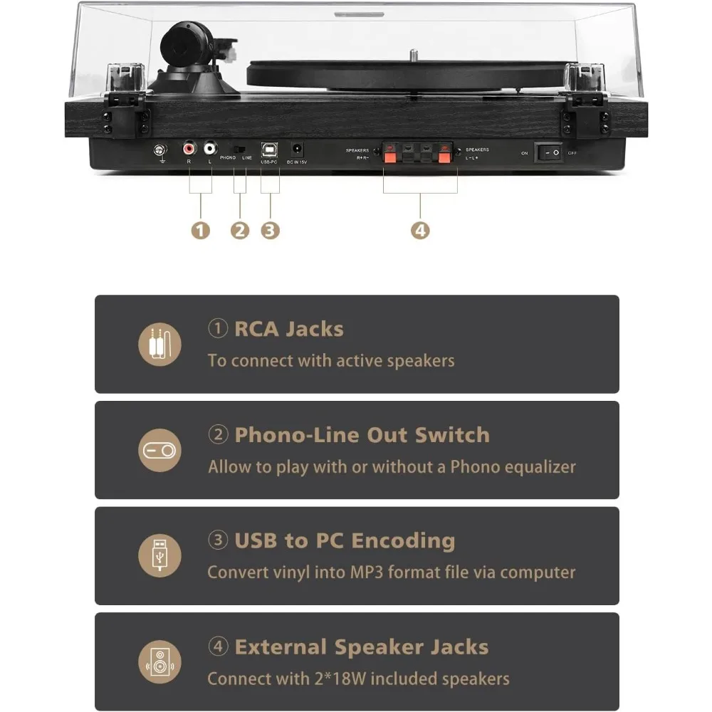 Pemutar Rekaman Vinil, Sistem HiFi Speaker 36W, Rak Buku Nirkabel, Perekaman USB, Kartrid Magnetik, Preamp Bawaan, Adj