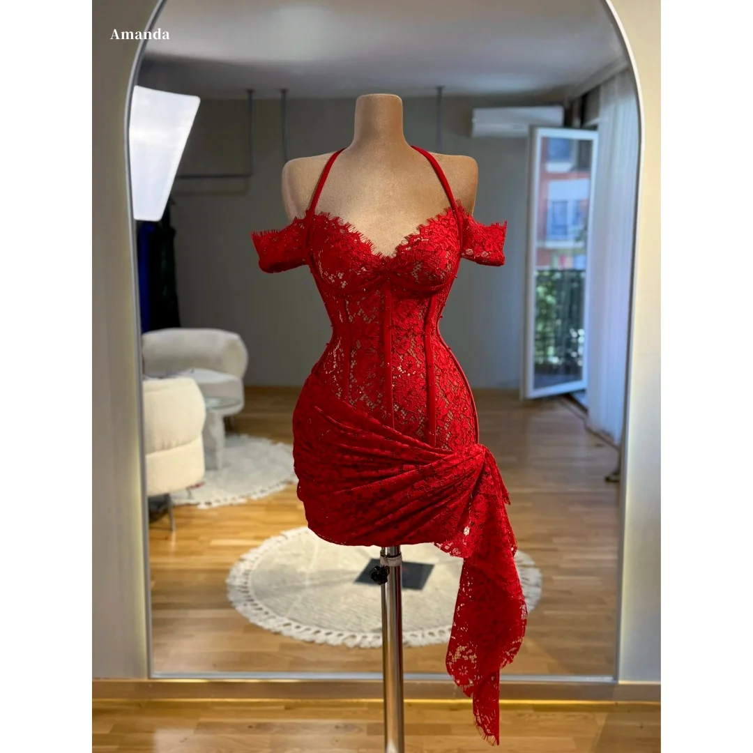 

Amanda Customized Red Lace Corset Off Shoulder Halter Neck Ruched Asymmetrical Mini Prom Dress Elegant Formal Evening 2026