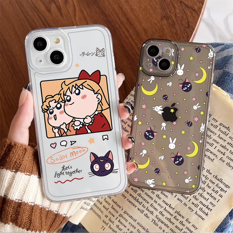 Cute S-Sailor Moon Anime Transparent Phone Case for IPhone 16 15 14 13 12 11 Pro Max X XS XR 7 8Plus SE2 Bumper Cases Soft Cover