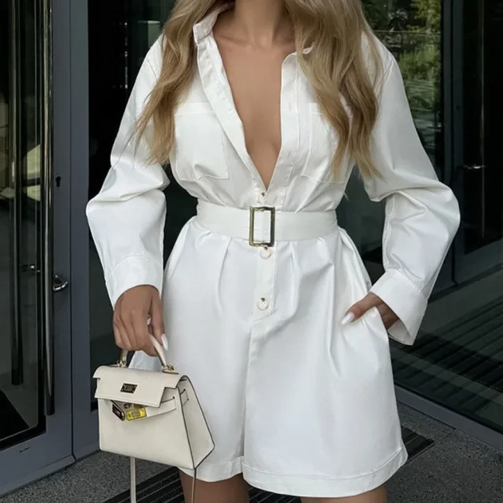 European and American Spring and Autumn Pure Color Personalized Long Sleeved Tops High Waisted Jumpsuit Shorts for Women