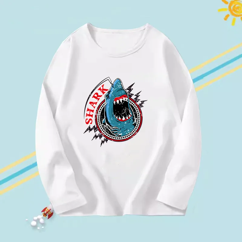 2024 Boys Autumn Tee Tops Children Cartoon Animals Shark Print Cotton T-Shirt Clothes Kids Long Sleeve T-shirts